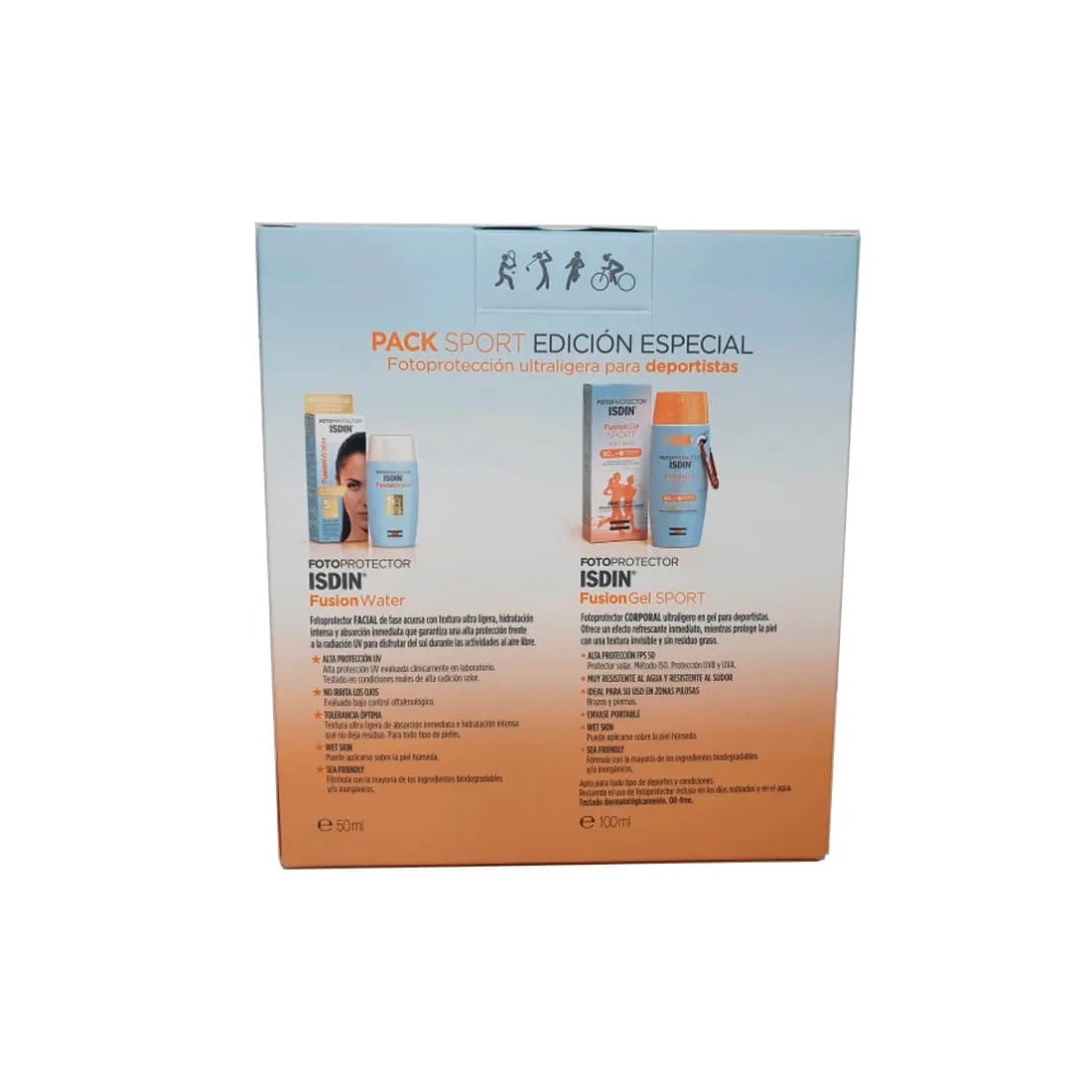 Isdin Pack Fusion Gel Sport SPF50 100 ml + Fusion Water SPF50 50ml detalles