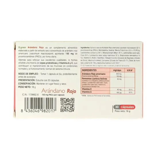 B-Green Arándano Rojo + Probióticos 30 capsulas detalles envase