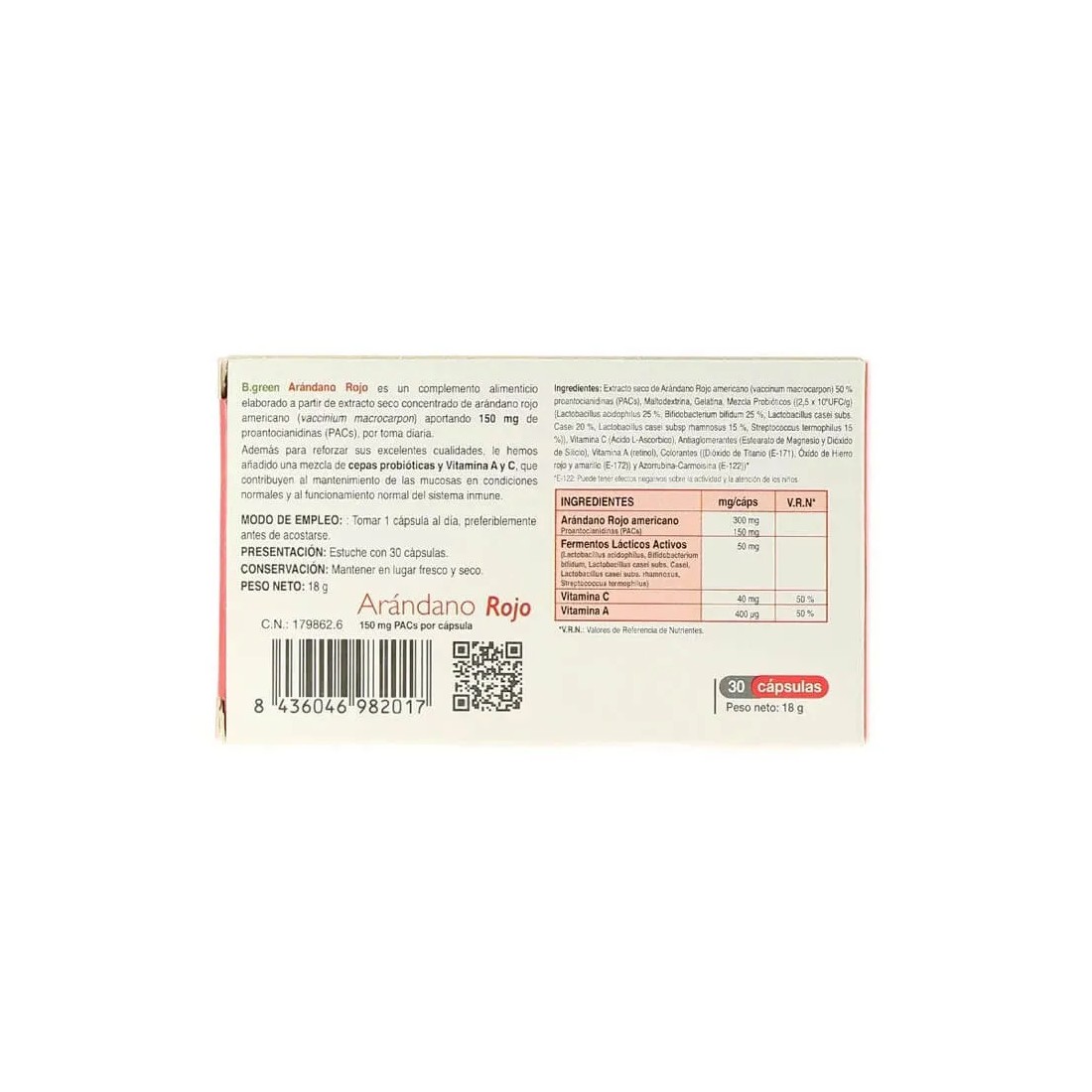 B-Green Arándano Rojo + Probióticos 30 capsulas detalles envase