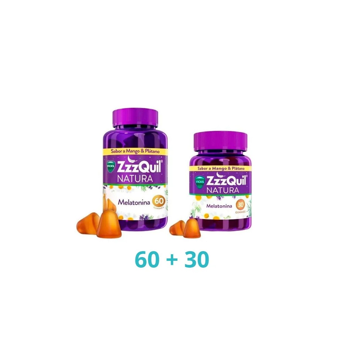 Vicks Zzzquil Natura PACK Melatonina Mango y Plátano 90 Gominolas pack abierto