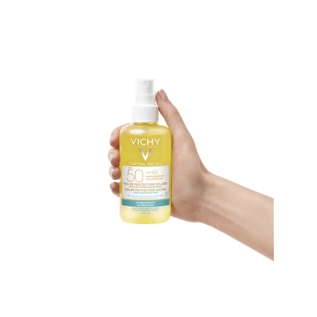 Vichy Capital Soleil Agua De Protección Solar Hidratante Con Ácido Hialurónico SPF50 200 ml bote