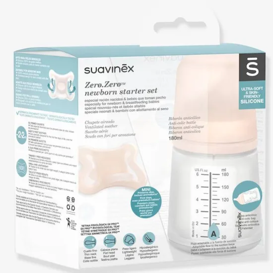 Suavinex Biberón Anticólico Tetina Flujo Adaptable +0M 180 Ml + Chupete Mini