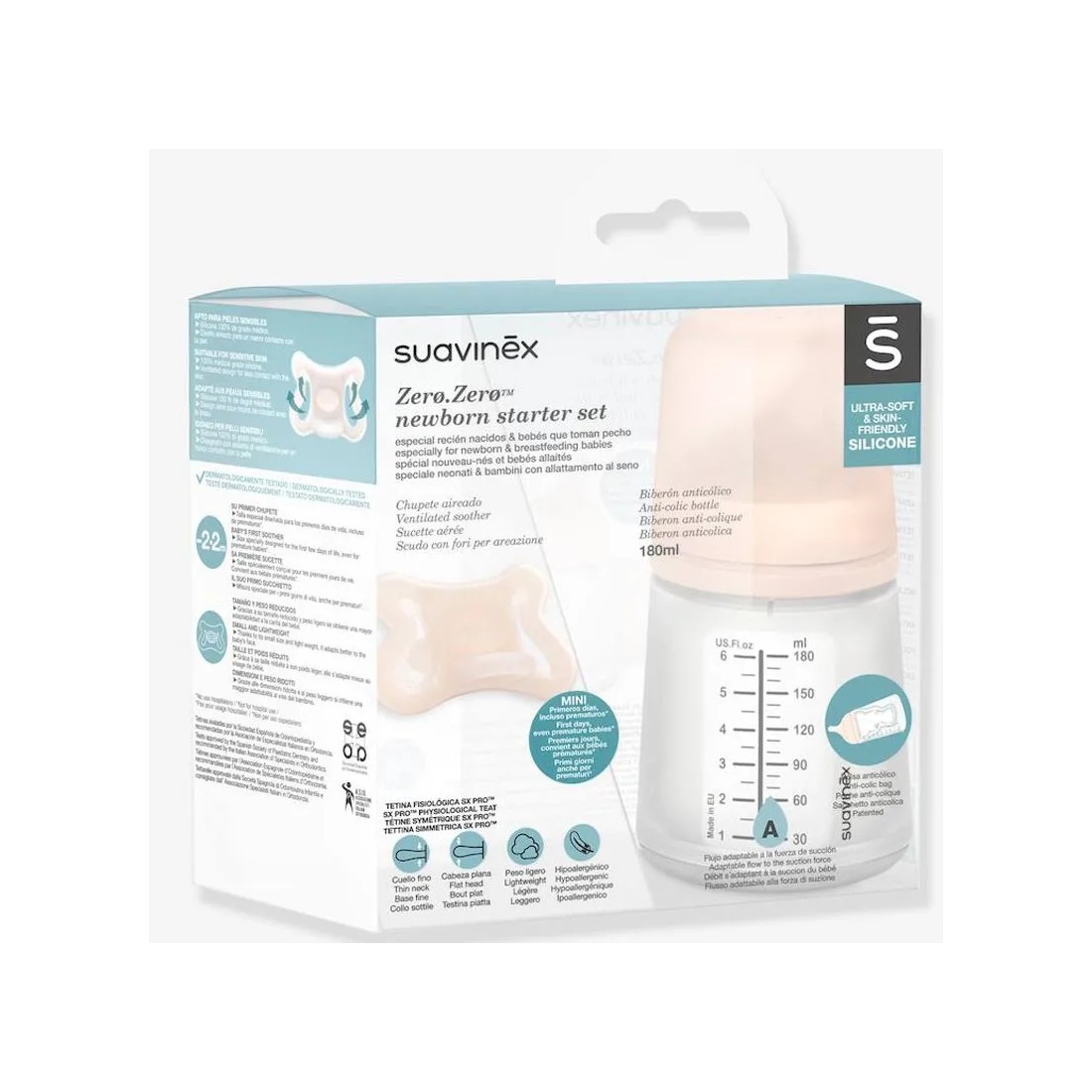 Suavinex Biberón Anticólico Tetina Flujo Adaptable +0M 180 Ml + Chupete Mini