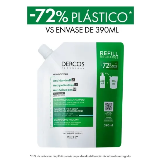 Vichy Dercos Champú Anticaspa Pelo Normal Graso ECOREFILL 390 ml beneficios
