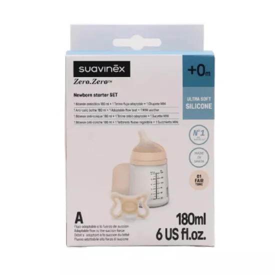 Suavinex Set Zero Zero Biberón Anticólico 180 Ml + Tetina Flujo Adaptable +0M + Chupete Mini caja