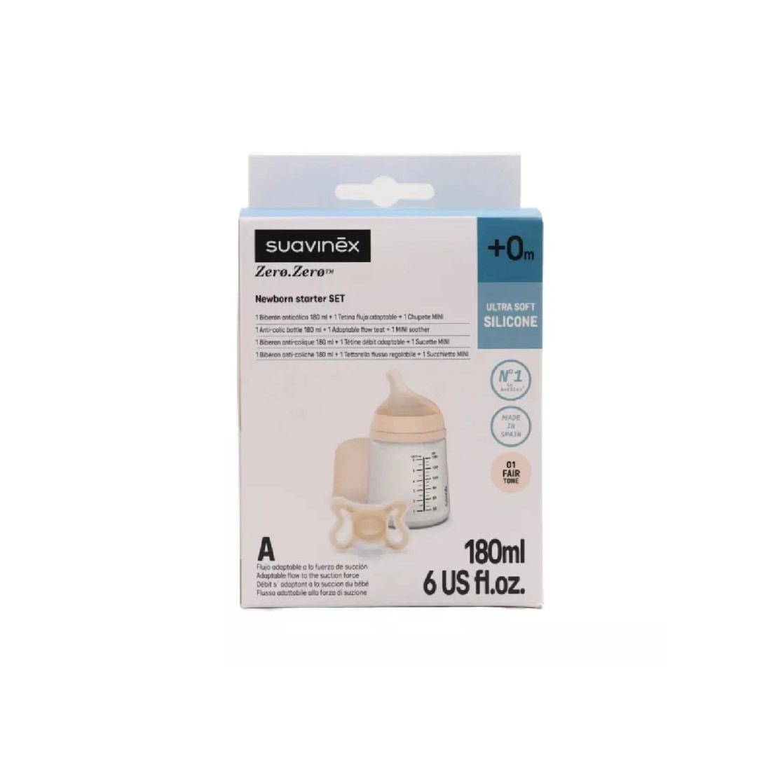 Suavinex Set Zero Zero Biberón Anticólico 180 Ml + Tetina Flujo Adaptable +0M + Chupete Mini caja
