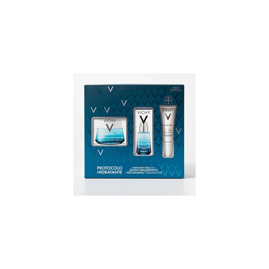 Vichy Cofre PACK REGALO Protocolo Hidratante Mineral 89 Crema Boost 50 Ml + Contorno Ojos + UV-Age Daily SPF50+