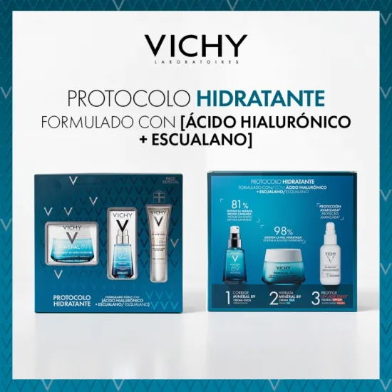 Vichy Cofre PACK REGALO Protocolo Hidratante Mineral 89 Crema Boost 50 Ml + Contorno Ojos + UV-Age Daily SPF50+  reverso