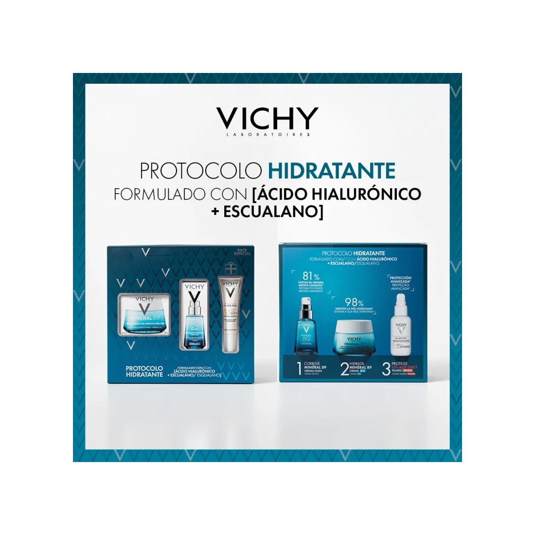 Vichy Cofre PACK REGALO Protocolo Hidratante Mineral 89 Crema Boost 50 Ml + Contorno Ojos + UV-Age Daily SPF50+  reverso