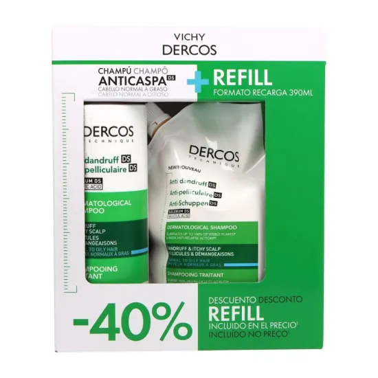 Vichy Dercos PACK Champú Anticaspa Pelo Normal Graso + Ecorefill Recargable 390 Ml
