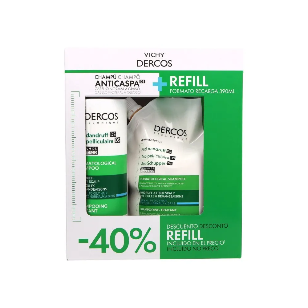 Vichy Dercos PACK Champú Anticaspa Pelo Normal Graso + Ecorefill Recargable 390 Ml