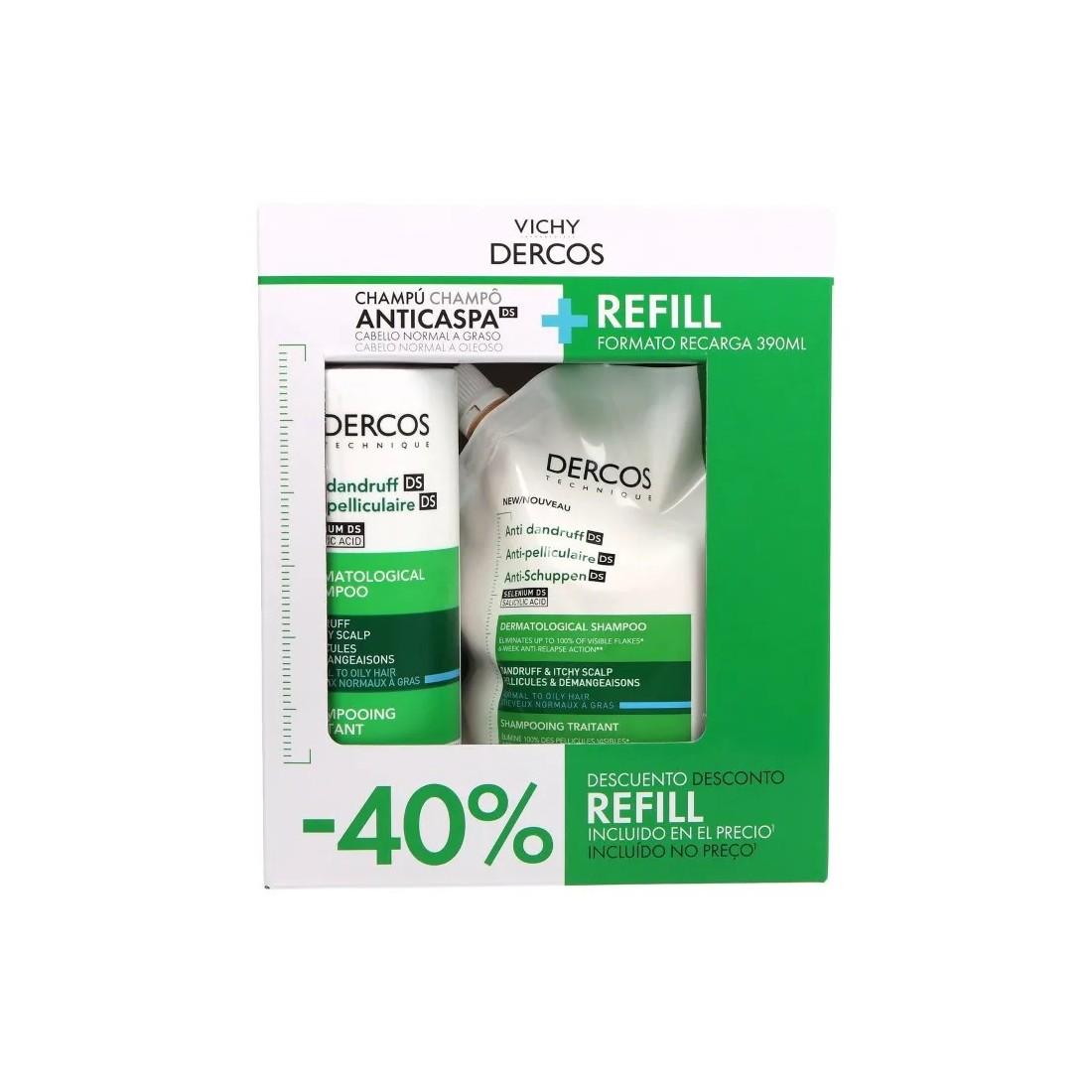 Vichy Dercos PACK Champú Anticaspa Pelo Normal Graso + Ecorefill Recargable 390 Ml