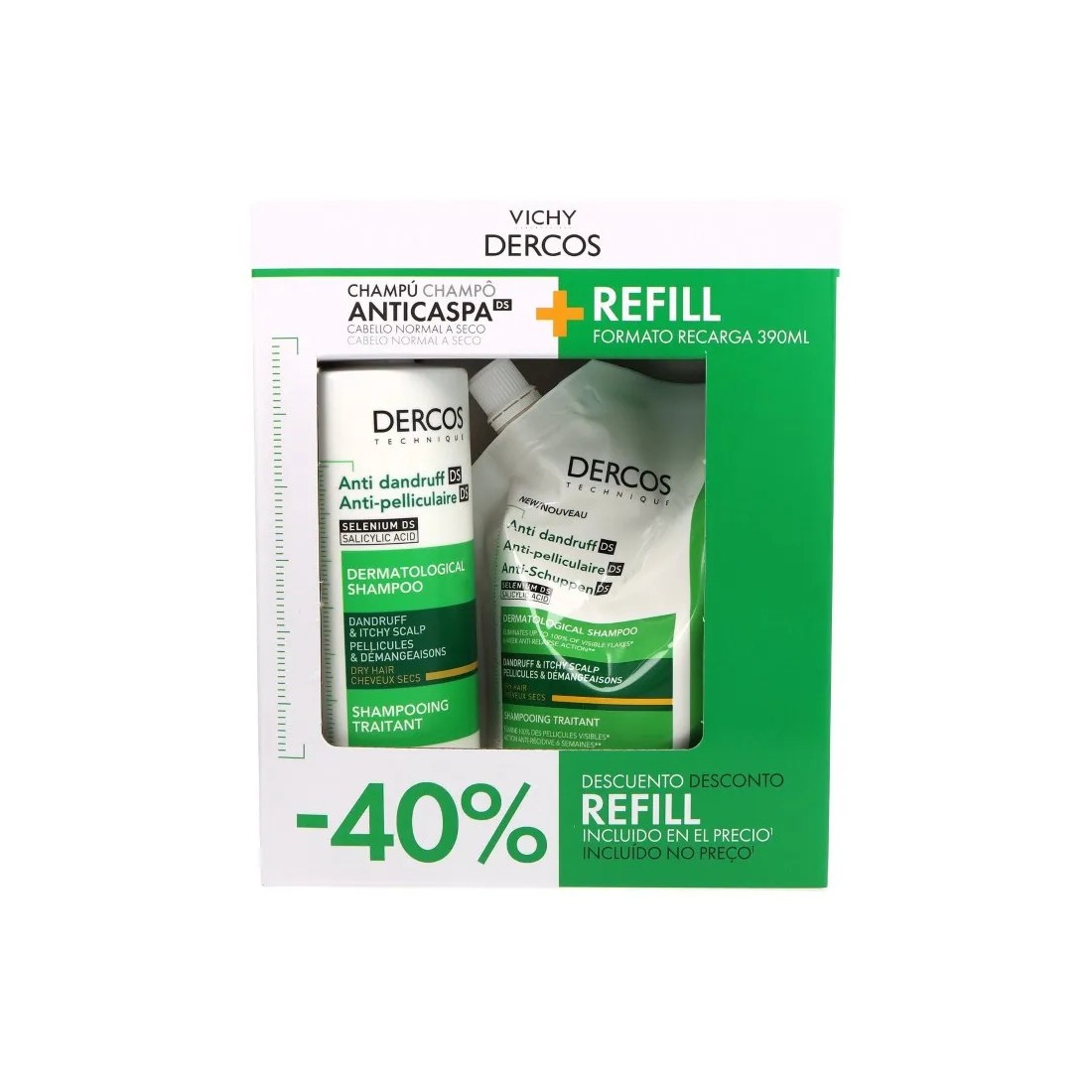 Vichy Dercos Champu Anticaspa Cabello Seco + Ecorefill Recargable 390 Ml