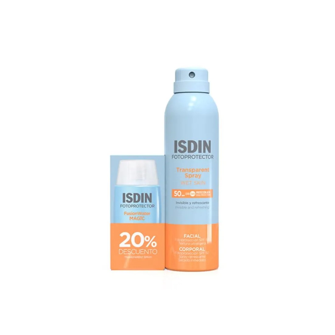 Isdin Pack Travel Fusion Water Magic SPF50+ 50ml + Transparent Spray Wet Skin SPF50 250ml