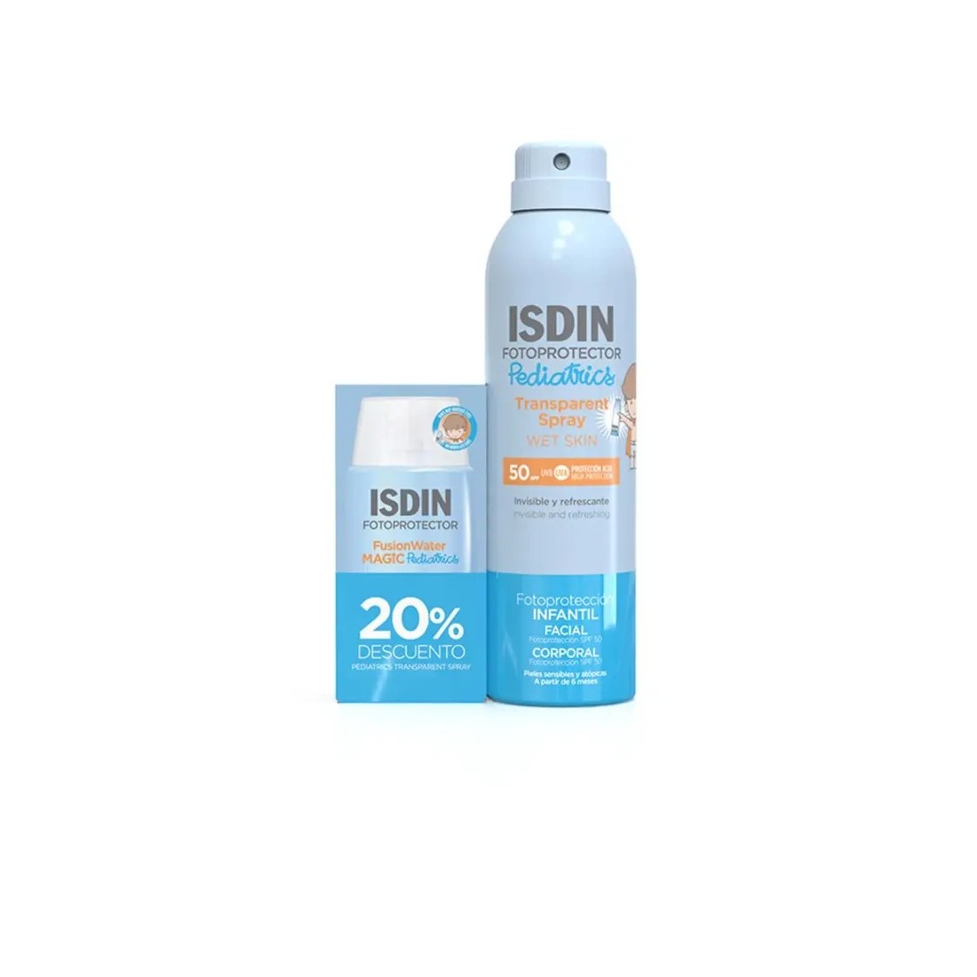 Isdin Pack Pediatrics Fusion Water SPF50+ 50ml + Spray Transparent Wet Skin SPF50+ 250ml