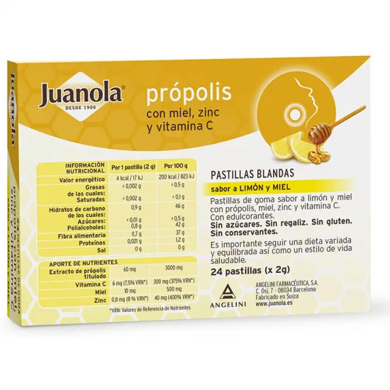 Juanola Propolis Sabor Miel y Limon 24 pastillas ingredientes