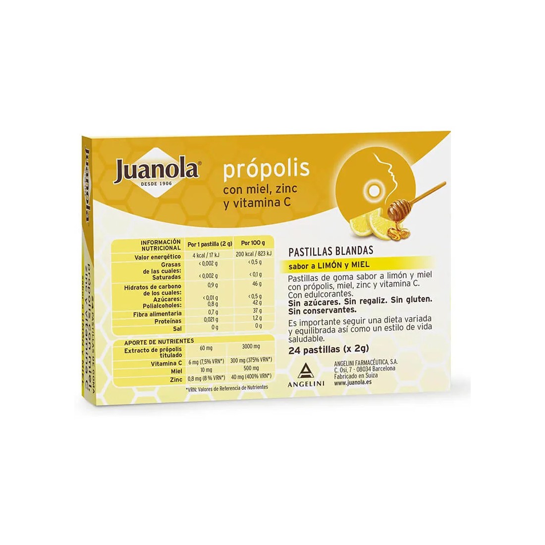 Juanola Propolis Sabor Miel y Limon 24 pastillas ingredientes
