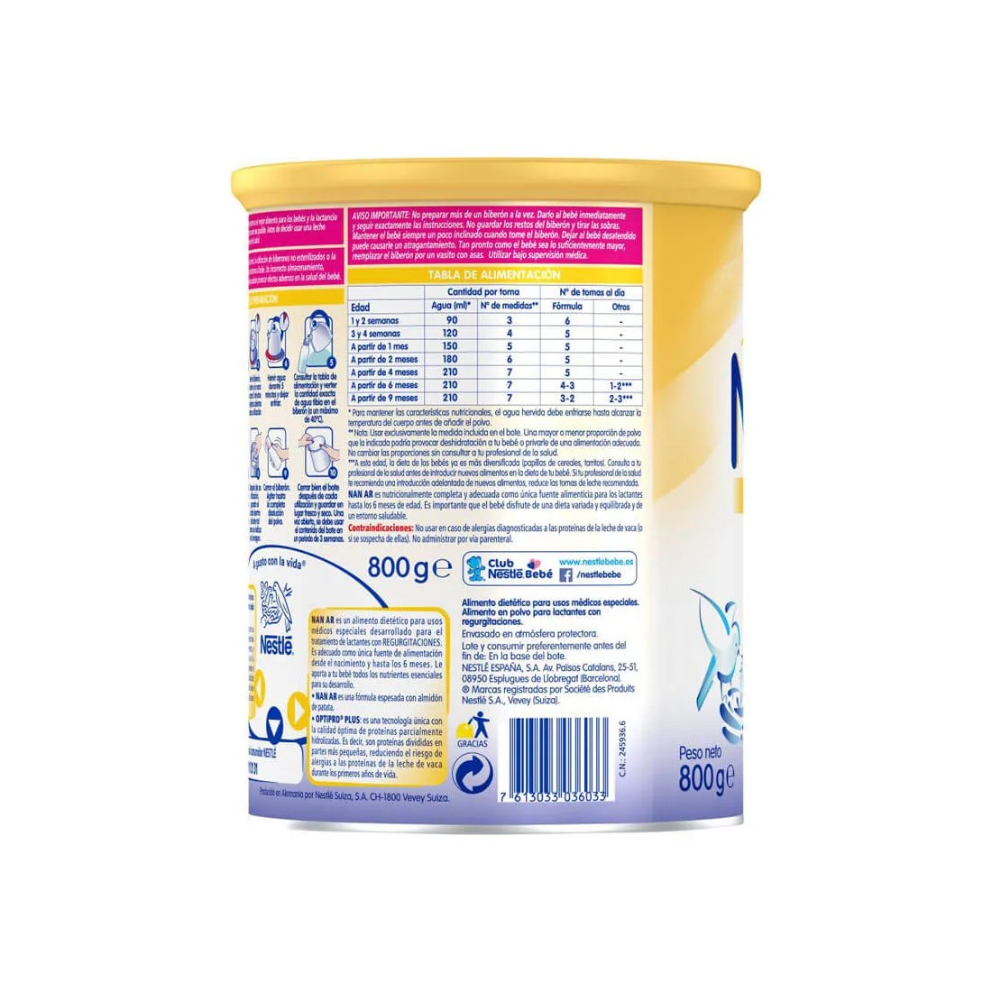 Nestle Nan Ar Leche 800 Gramos tabla de alimentación