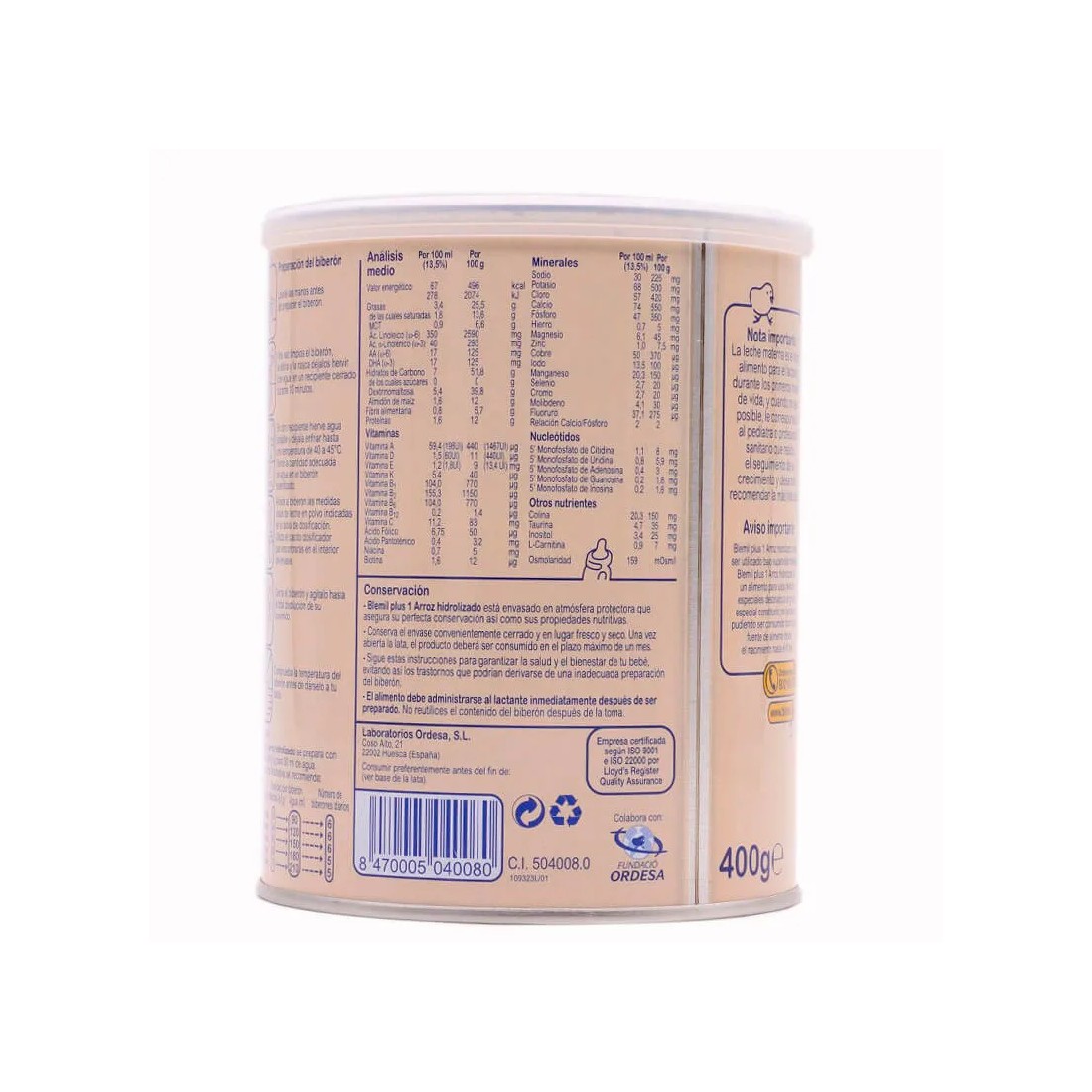 Blemil Plus 1 Arroz hidrolizado 400 gr información nutricional