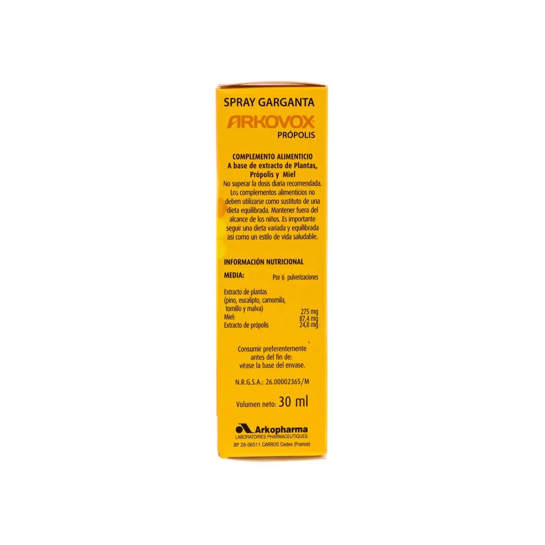 Arkovox Propolis Spray Dolor Garganta 30 ml información nutricional