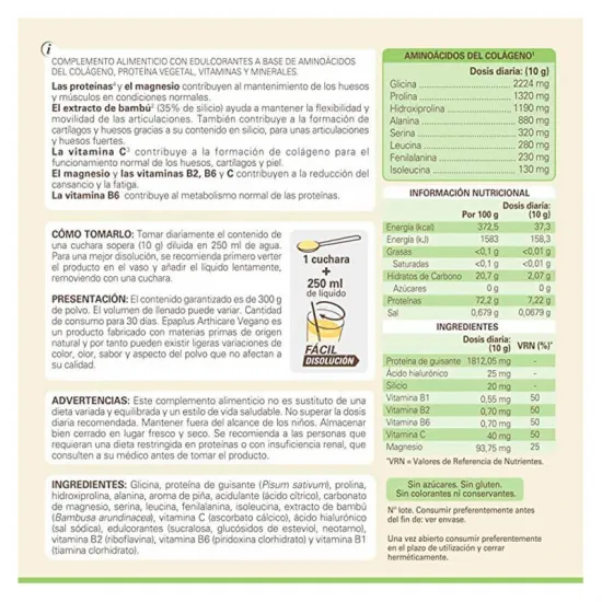 Epaplus Arthicare Vegano Aminoácidos del Colágeno y Proteína Vegetal 300g indicaciones