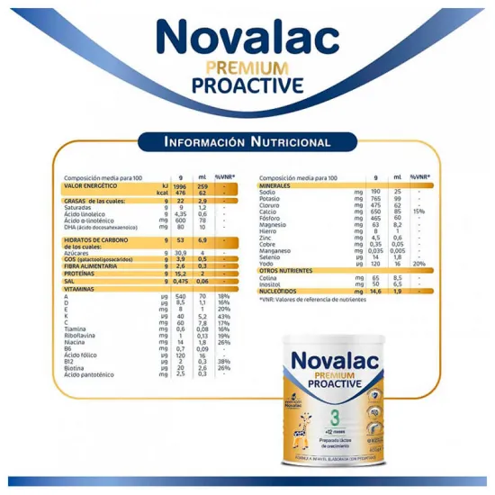 Novalac Premium Proactive 3 800 gr información nutricional