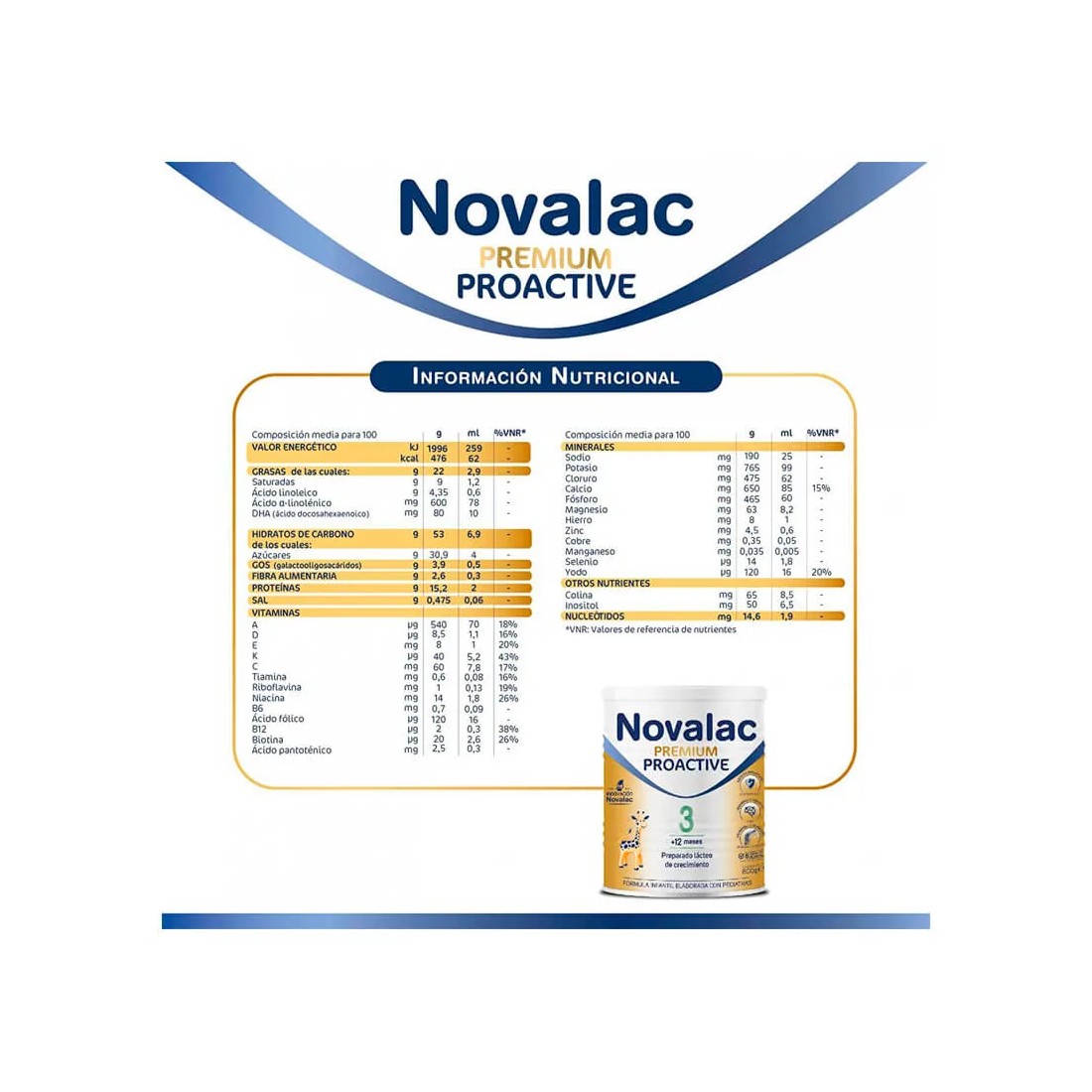 Novalac Premium Proactive 3 800 gr información nutricional