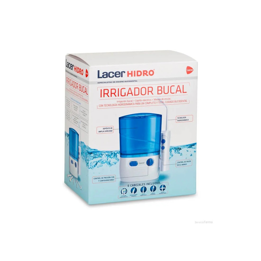 Lacer Hidro Irrigador Bucal Eléctrico 6 Cabezales envase