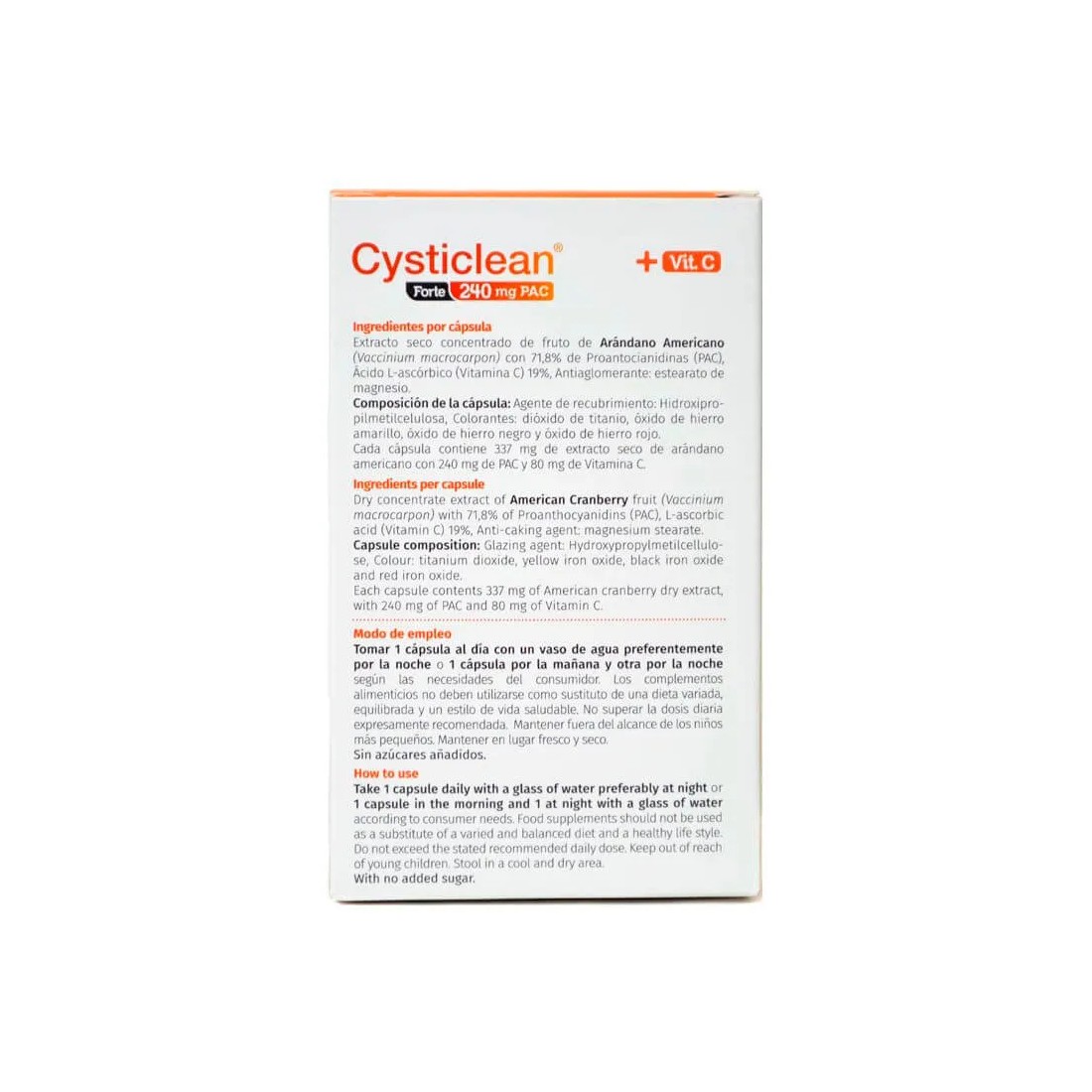 Cysticlean Forte 240 Mg 60 Capsulas ingredientes y modo de empleo