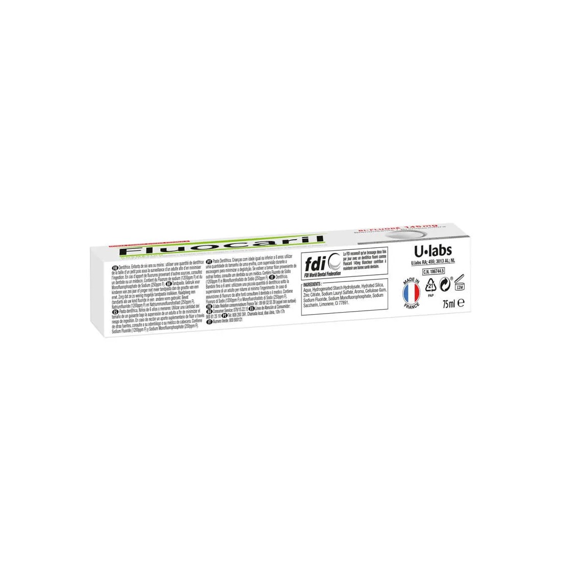 Fluocaril Blanqueador 2 X 75 ml reverso del envase
