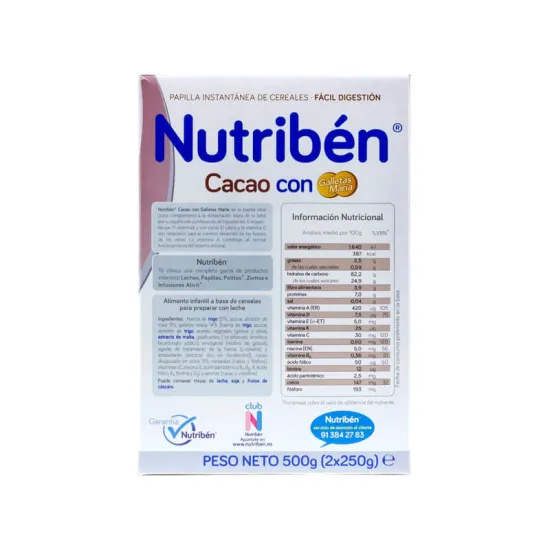 Nutriben Cacao Con Galletas María 500 gr información nutricional
